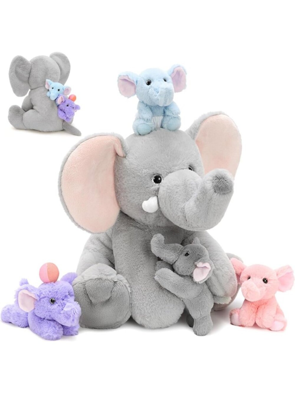 MorisMos Elephant Stuffed Animal with 4 Babies, Rotating Trunk, 15 Inch